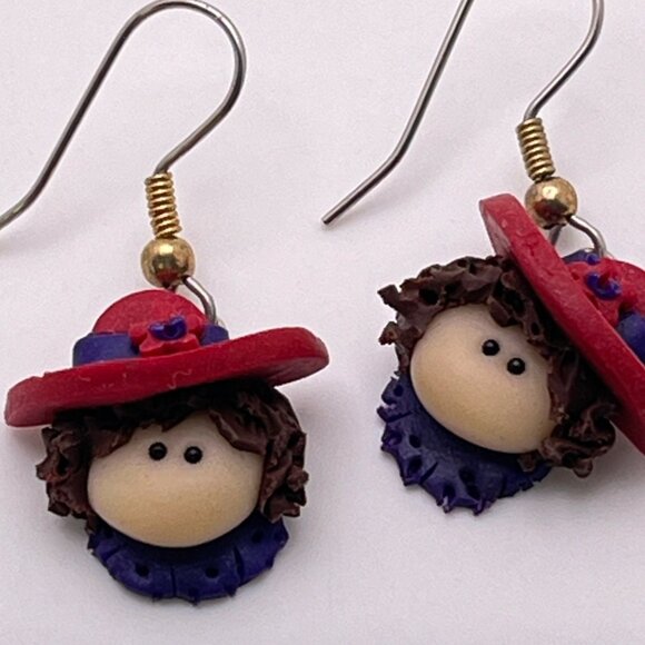 Red Hat Society Dangle Earrings Vintage Lady Head Polymer Clay - Picture 3 of 6